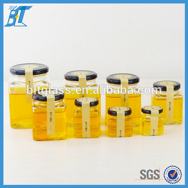 140g-1000g cheap price empty hexagon glass jar with metal lid for honey caviar shrimp sauce
