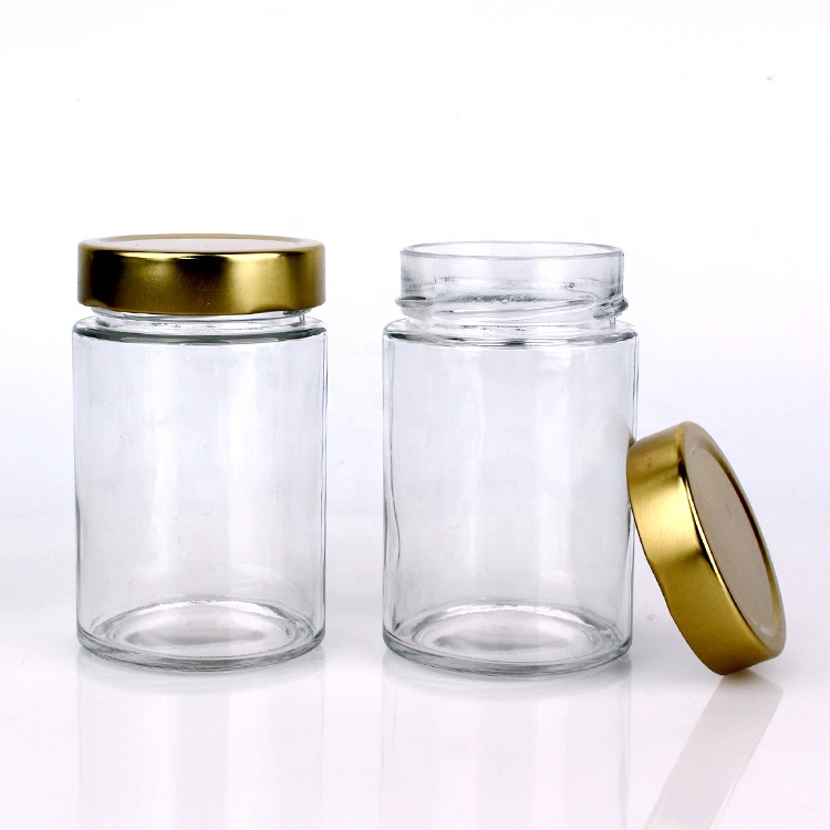 14oz empty clear cylinder glass jam honey sauce food storage jar with metal screw lid