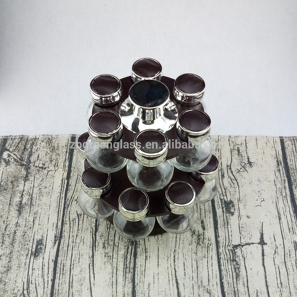 14pcs glass spice jars rack set with plastic double layers rotating stand
