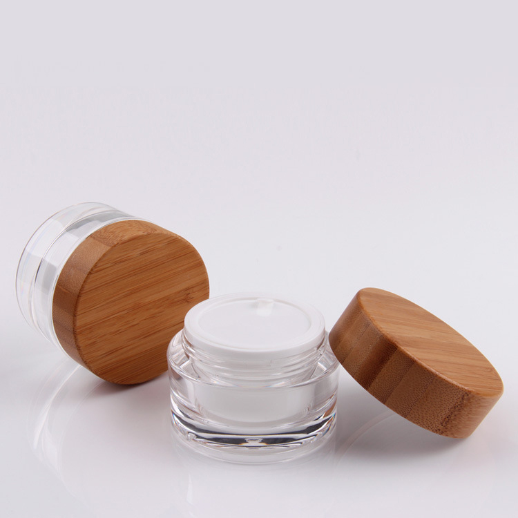 15 30 50 gram cosmetic skincare plastic cylinder container facial gel cream acrylic jars set with bamboo wooden cap