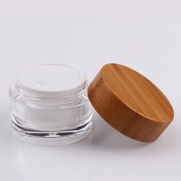 15 30 50 gram cosmetic skincare plastic cylinder container facial gel cream acrylic jars set with bamboo wooden cap