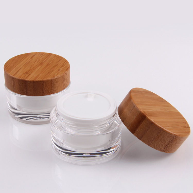 15 30 50 gram cosmetic skincare plastic cylinder container facial gel cream acrylic jars set with bamboo wooden cap