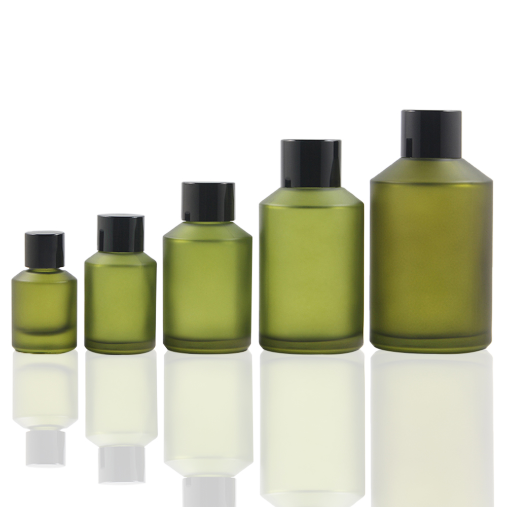 15/30/60/125/200ml Wholesale empty round glass toner bottles with black cap, green frosted serum bottles