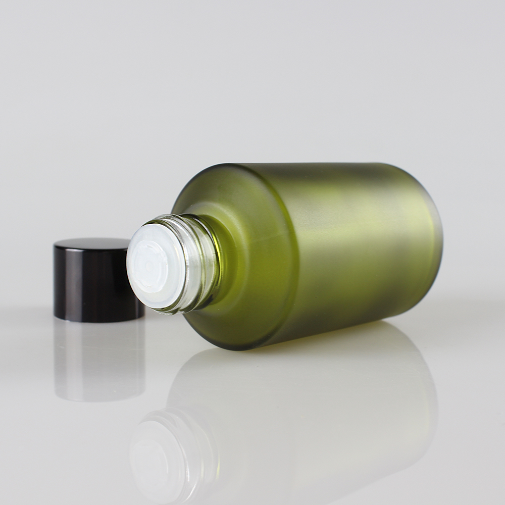15/30/60/125/200ml Wholesale empty round glass toner bottles with black cap, green frosted serum bottles