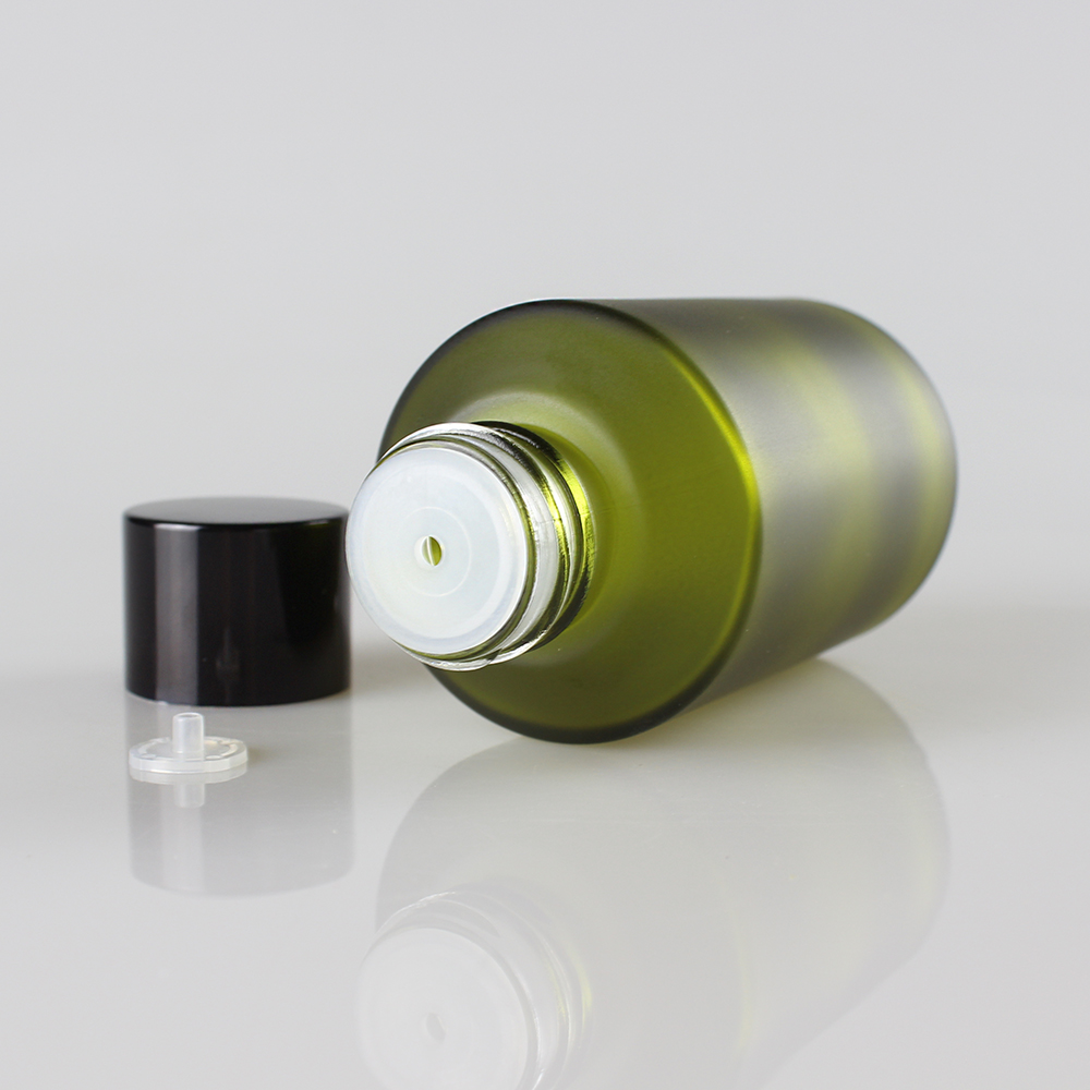 15/30/60/125/200ml Wholesale empty round glass toner bottles with black cap, green frosted serum bottles