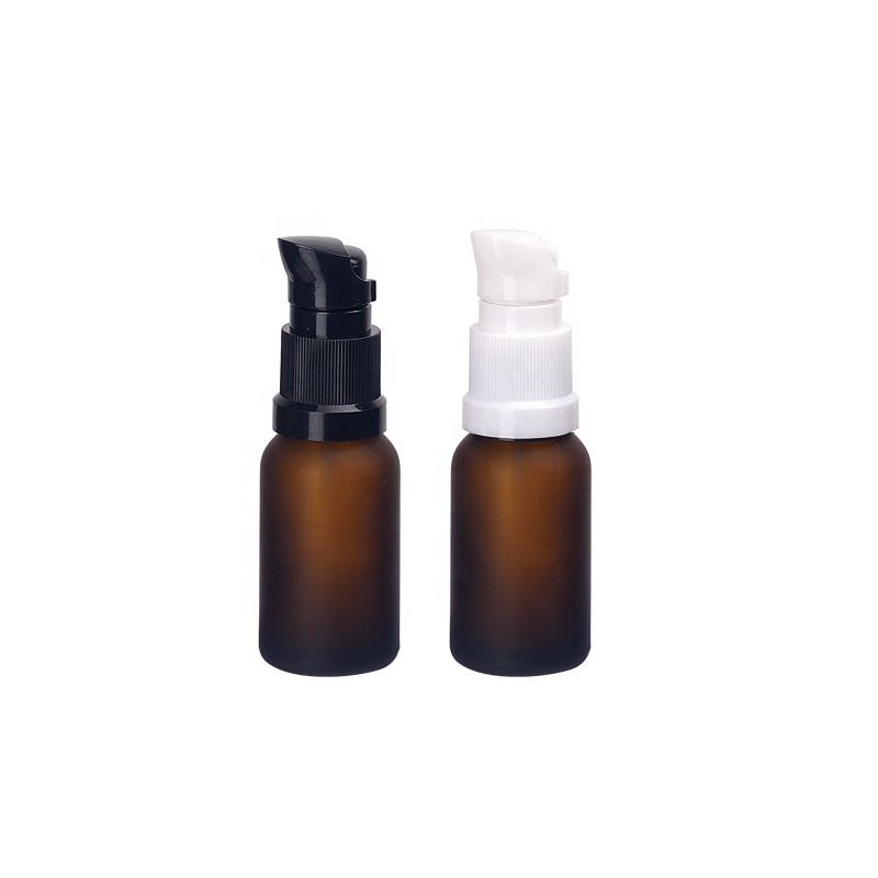 15 ml frosted brown glass essential oil bottle empty amber color cosmetic bottle with 18 mm black white beak cream pump