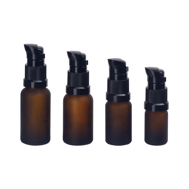 15 ml frosted brown glass essential oil bottle empty amber color cosmetic bottle with 18 mm black white beak cream pump