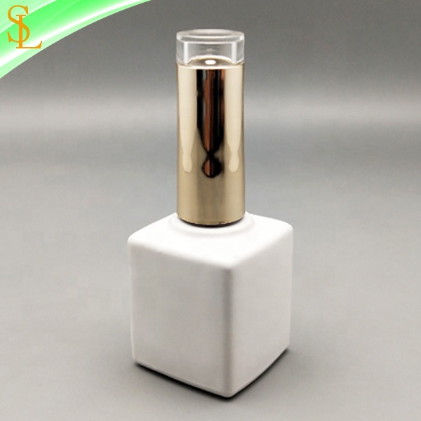 15 ml matte white square uv gel nail polish bottle empty with custom clear top gold cap and flat brush gel