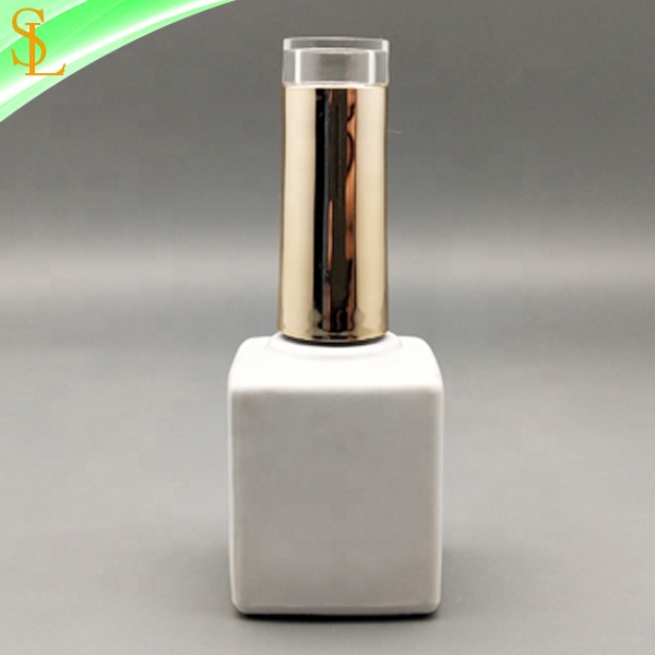 15 ml matte white square uv gel nail polish bottle empty with custom clear top gold cap and flat brush gel
