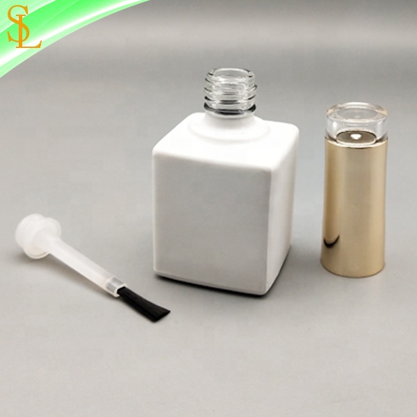 15 ml matte white square uv gel nail polish bottle empty with custom clear top gold cap and flat brush gel