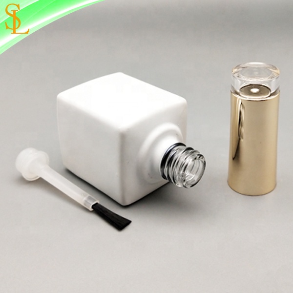 15 ml matte white square uv gel nail polish bottle empty with custom clear top gold cap and flat brush gel