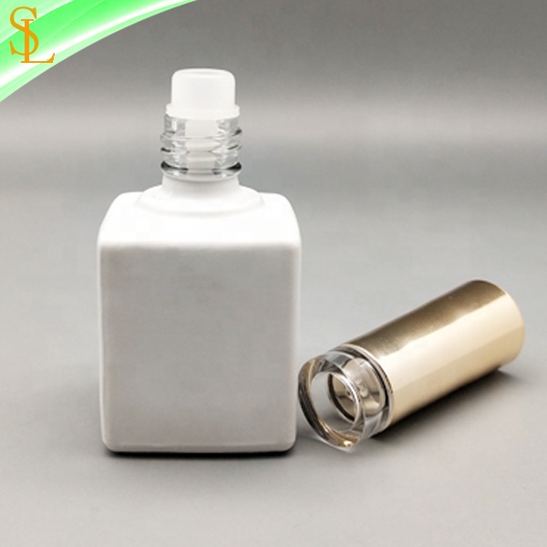 15 ml matte white square uv gel nail polish bottle empty with custom clear top gold cap and flat brush gel