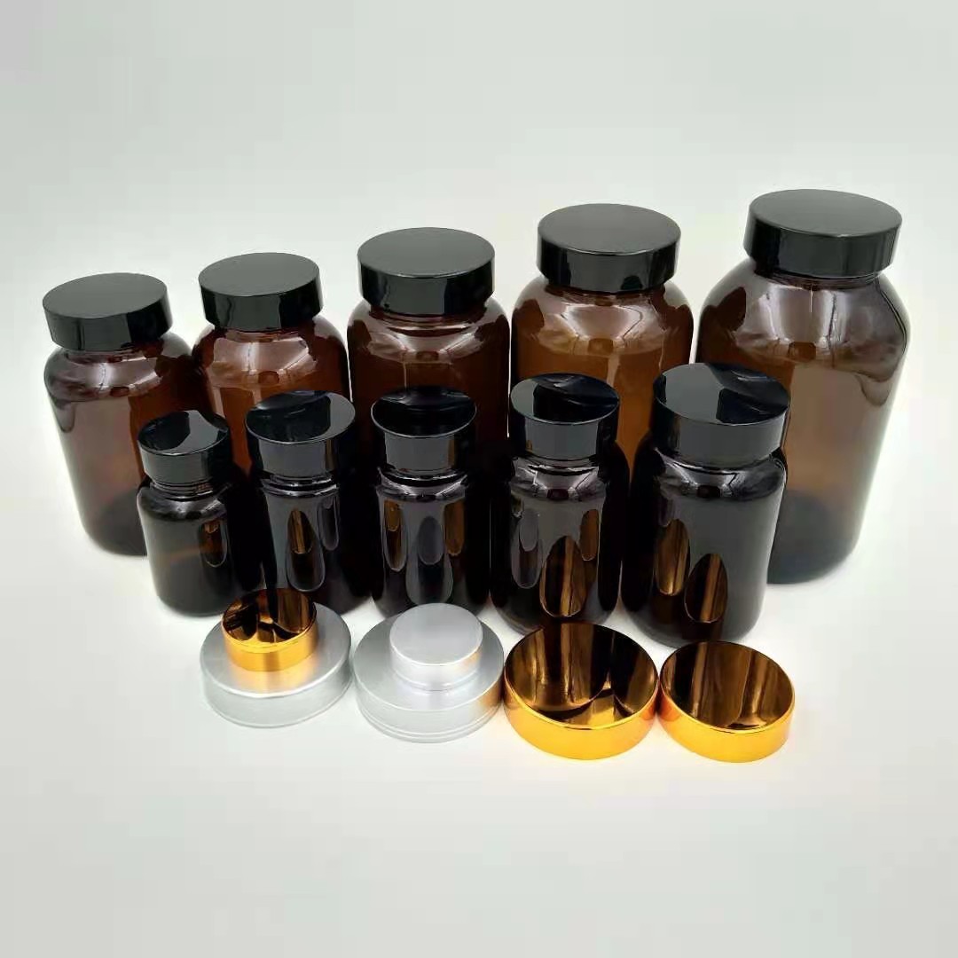 150cc Wide Mouth Medcine Pill Bottle Amber Glass Packer With Black Plastic Cap