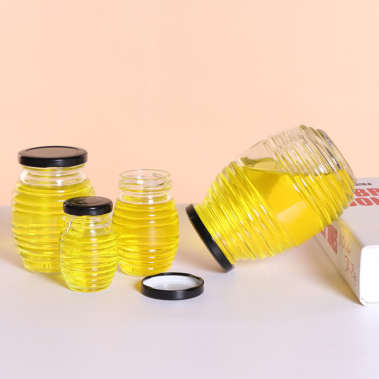 150g 250g 500g 1000g transparent beehive shaped honey glass jar with black metal lid