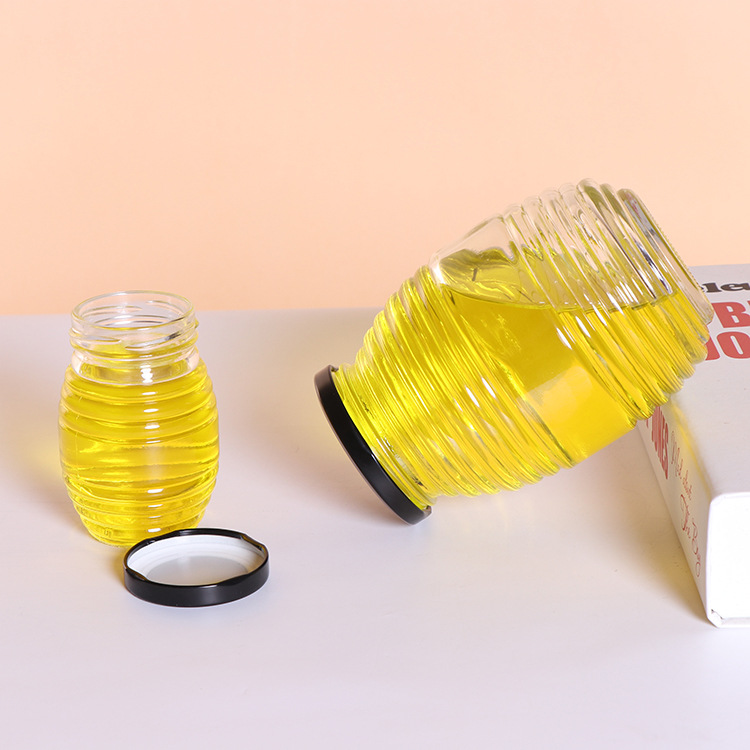 150g 250g 500g 1000g transparent beehive shaped honey glass jar with black metal lid
