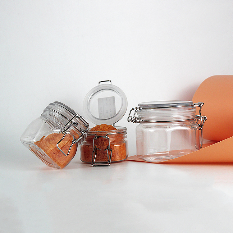 150ml 200ml 250ml 500ml Customized Empty Clear Square Transparent Food Packing Storage Metal Clip Top Plastic Airtight Jar