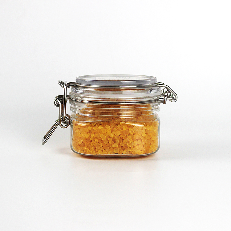 150ml 200ml 250ml 500ml Customized Empty Clear Square Transparent Food Packing Storage Metal Clip Top Plastic Airtight Jar