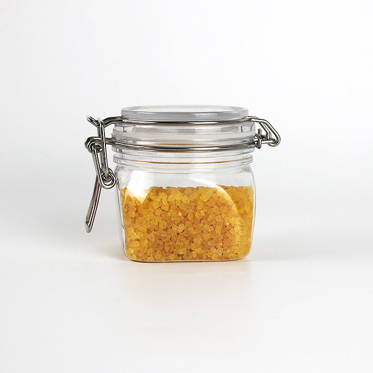 150ml 200ml 250ml 500ml Customized Empty Clear Square Transparent Food Packing Storage Metal Clip Top Plastic Airtight Jar