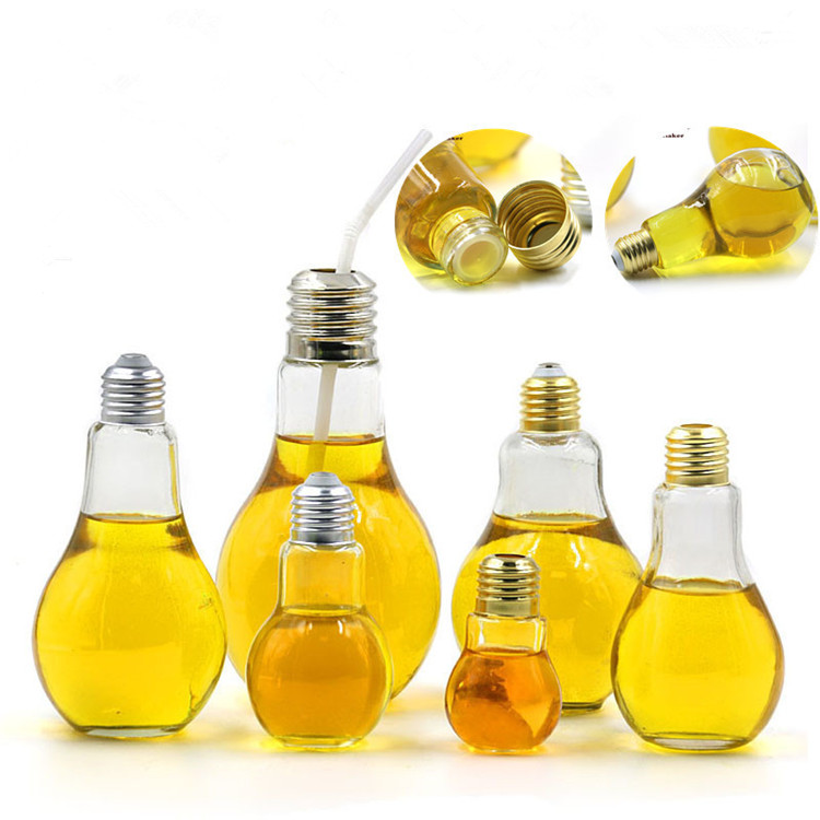 150ml 200ml 250ml beverage milk bulb shaped glass jar/ light bulb bottle with lids straw