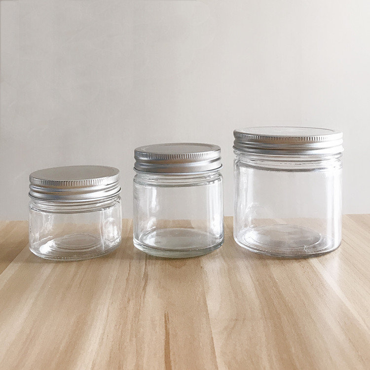 150ml 200ml 350ml clear round glass jar with wide mouth and screw metal lid