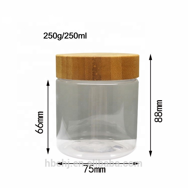 150ml 250g 250ml 8oz 500ml frosted clear PET plastic cosmetic wax container cream jar with bamboo wooden lids