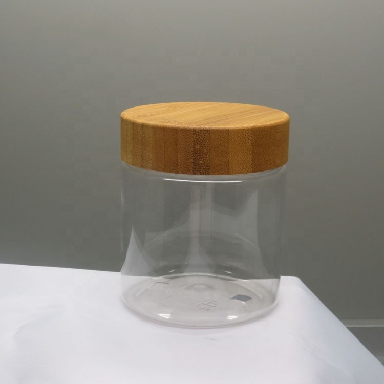 150ml 250g 250ml 8oz 500ml frosted clear PET plastic cosmetic wax container cream jar with bamboo wooden lids