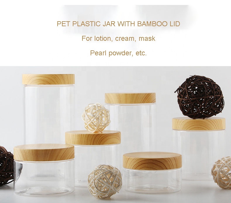 150ml 250ml 500ml big size clear frosted PET plastic cosmetic packaging empty facial mask jars with bamboo screw lid