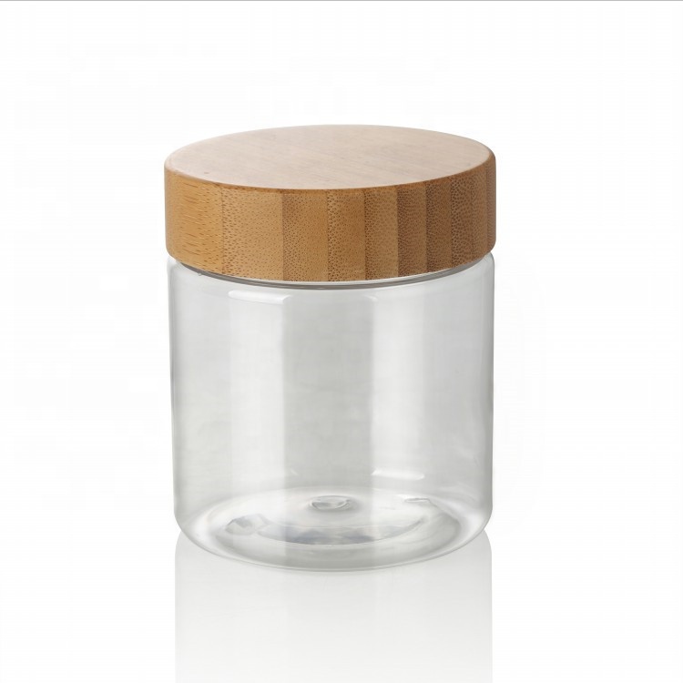 150ml 250ml 500ml clear frosted PET plastic cosmetic packaging jars with bamboo screw lid