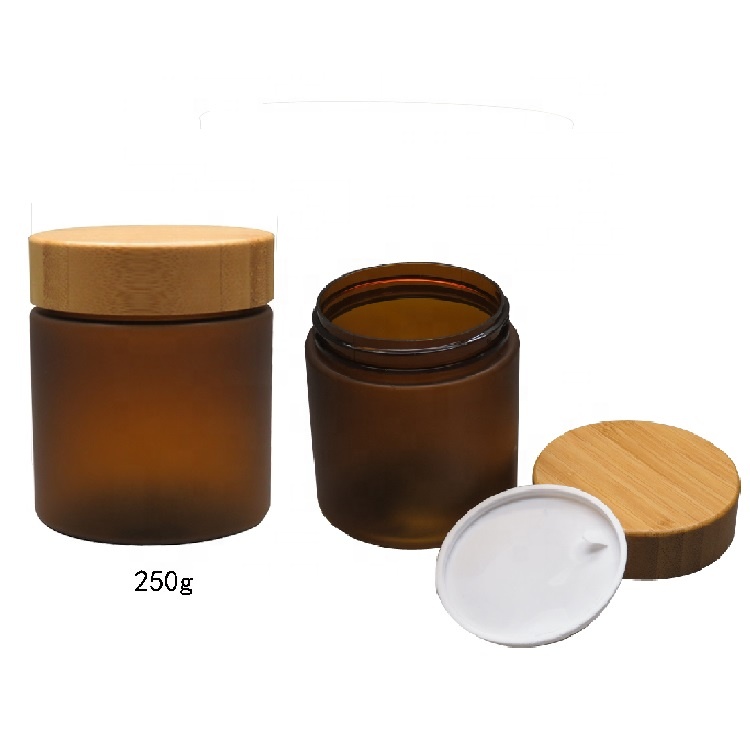 150ml 250ml amber frosted plastic jar with Natural bamboo lid for cosmetic cream