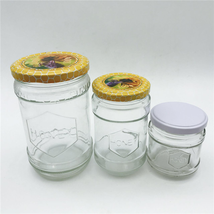 150ml 300ml 600ml Clear Glass Embossed honey pot jars
