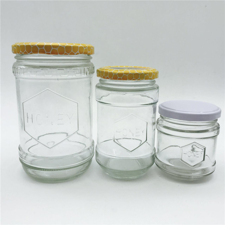 150ml 300ml 600ml Clear Glass Embossed honey pot jars