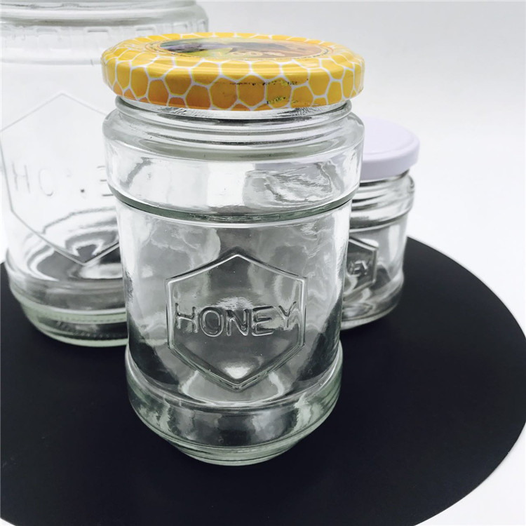 150ml 300ml 600ml Clear Glass Embossed honey pot jars