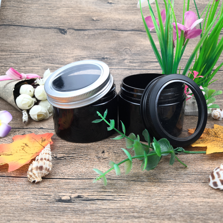150ml 5oz PET Plastic Black Skin Care Cream Round Jar For Cosmetics Packaging with Aluminum Cover