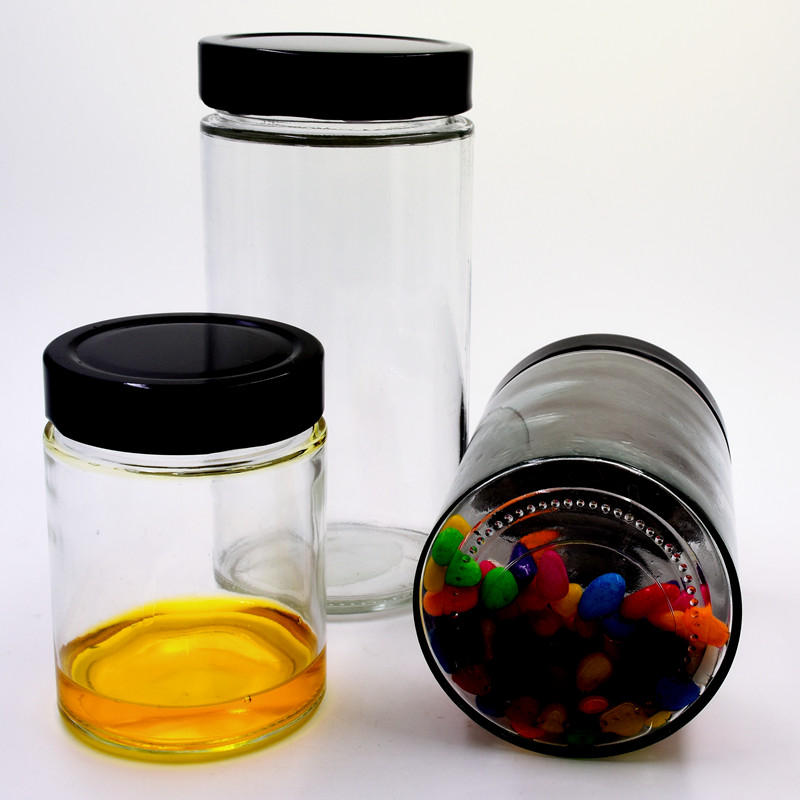 150ml clear round Store jam grain chili sauce dried fruit with high black lid customize the color of the bottle glass jar
