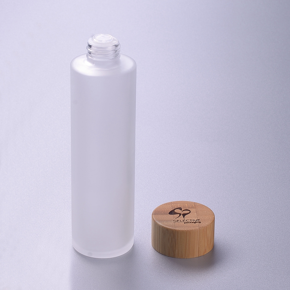 150ml frosted glass bottle with bamboo spray and bamboo cap lotion bottle