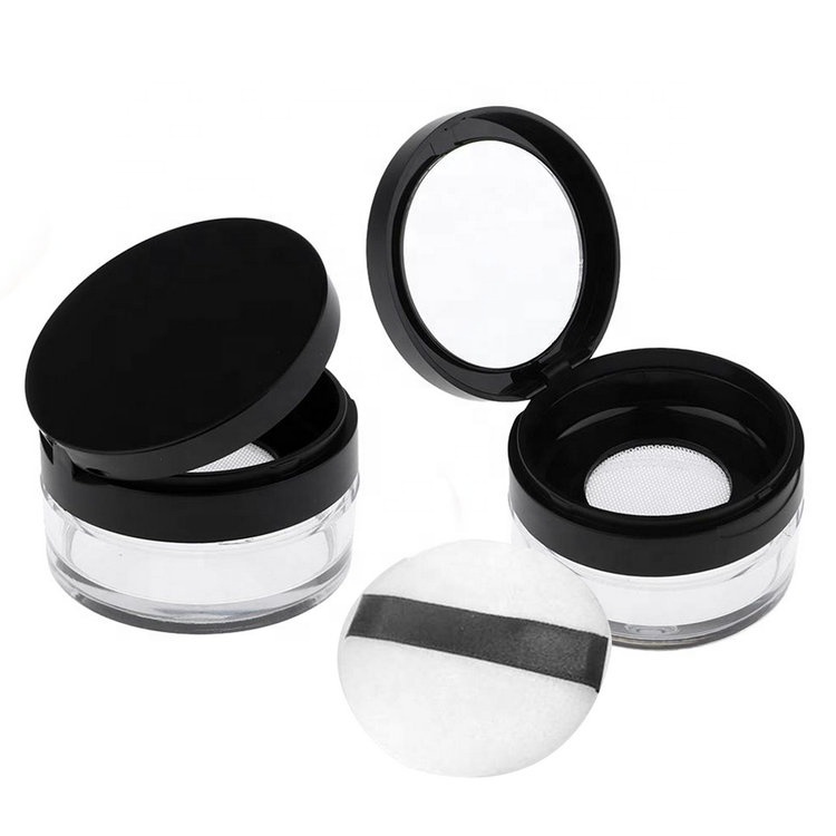 15g/0.53oz Plastic Empty Loose Powder Box Makeup Blush Cans Portable Travel Cosmetic Case with Elastic Screen, Mirror and Puff