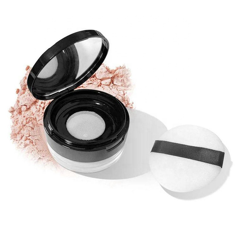 15g/0.53oz Plastic Empty Loose Powder Box Makeup Blush Cans Portable Travel Cosmetic Case with Elastic Screen, Mirror and Puff