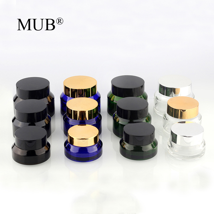 15g 30g 50g amber green blue glass cream bottles empty glass cosmetic cream bottles jars with gold silver lids