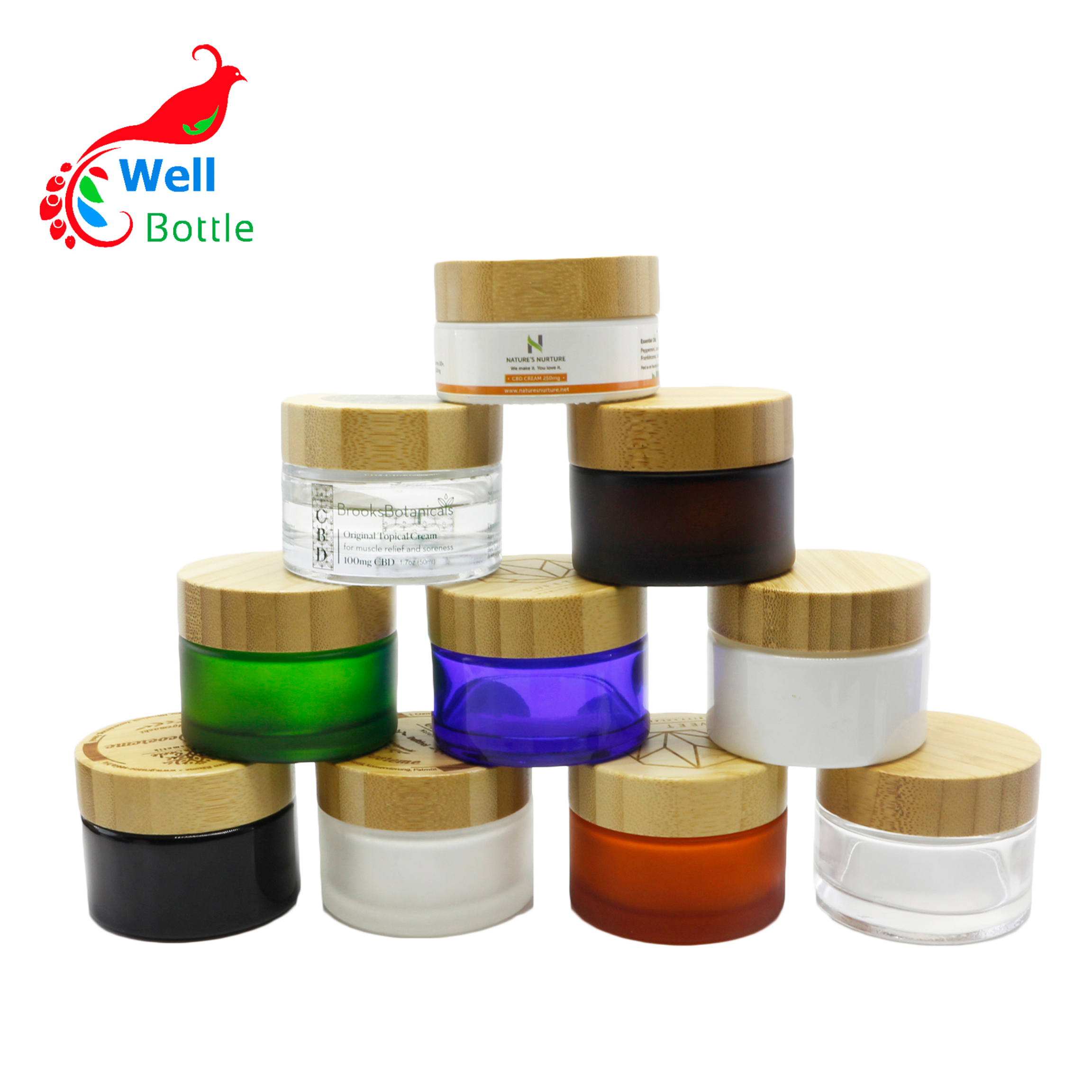 15g green blue frosted black white cream glass container for glass cosmetic jar with bamboo wood lid J047E