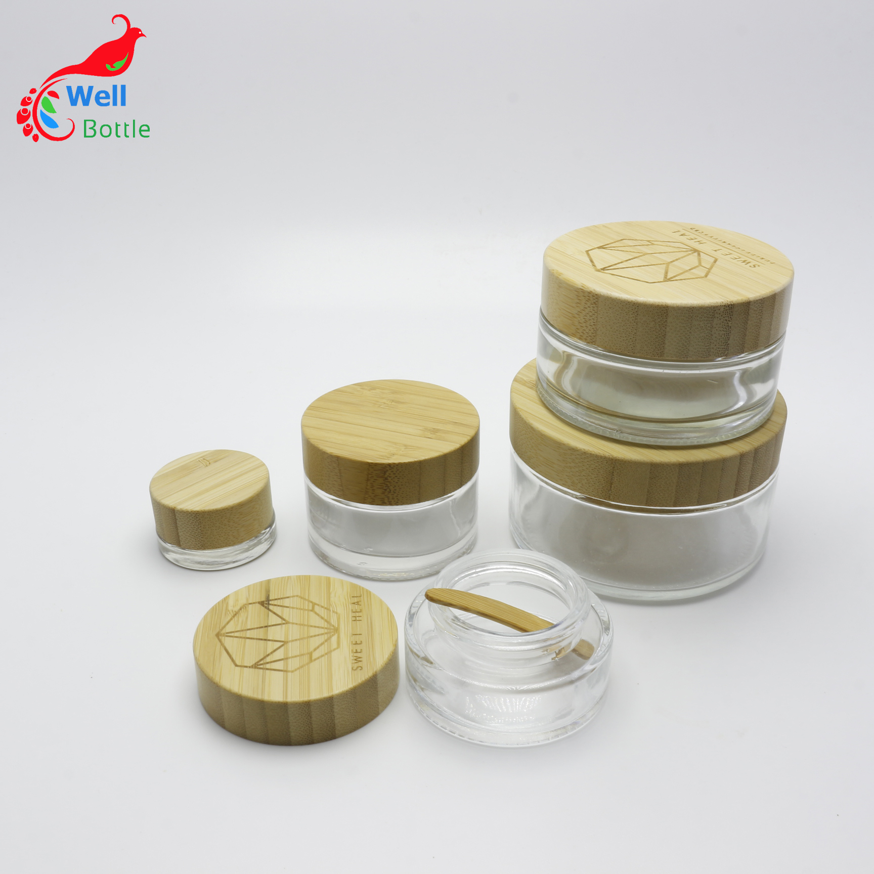 15g green blue frosted black white cream glass container for glass cosmetic jar with bamboo wood lid J047E