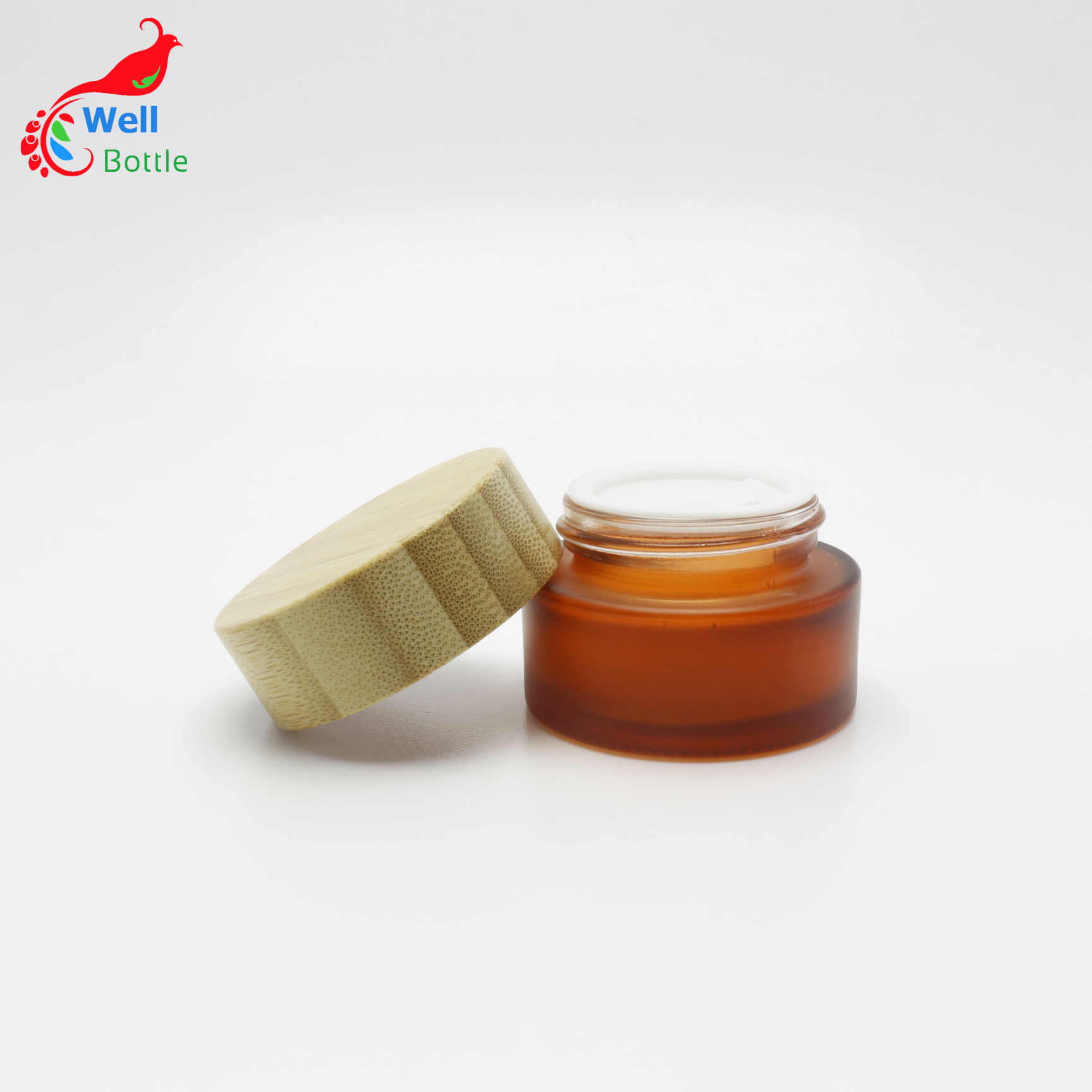 15g matte amber cosmetic glass jar frosted glass container pot with bamboo wood lids J088E