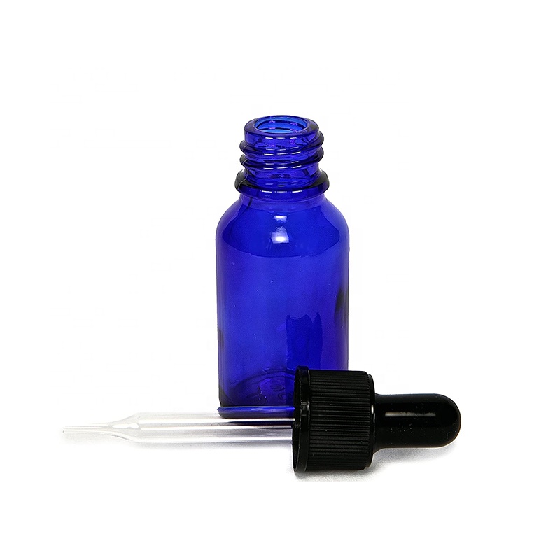 15ml 1/2 oz Blue Glass Dropper Bottle & 18mm Tamper Evident Black Pipette Cap