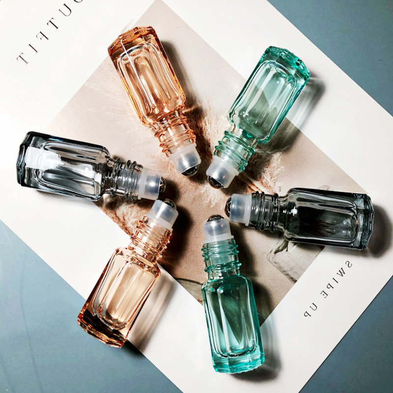 15ml 10ml GlassEssential oil perfume roller bottle octagonal clear Orange black green 3ml 5ml 10ml metal ball on bottle with cap