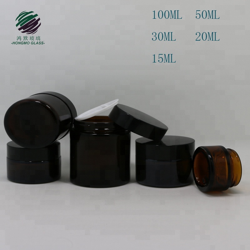 15ml 20ml 30ml 50ml 60ml 100 ml cosmetic jar facial face 100ml amber glass cream glass jar with black plastic lid cap