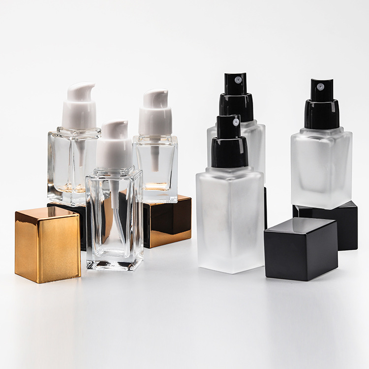 15ml 20ml 30ml empty square cosmetic frosted liquid foundation glass bottle make up packaging with squeeze pump