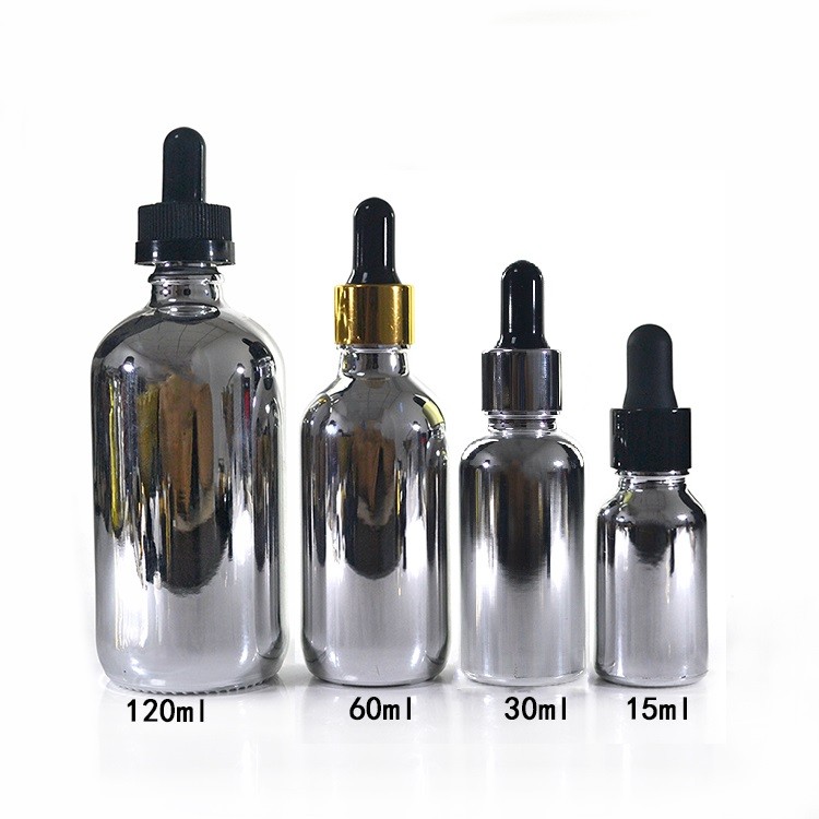 15ml 30ML 1oz 60ml 2oz Silver Chrome Coated Clear Euro glass Bottle With Silver Dropper