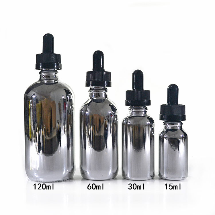 15ml 30ML 1oz 60ml 2oz Silver Chrome Coated Clear Euro glass Bottle With Silver Dropper