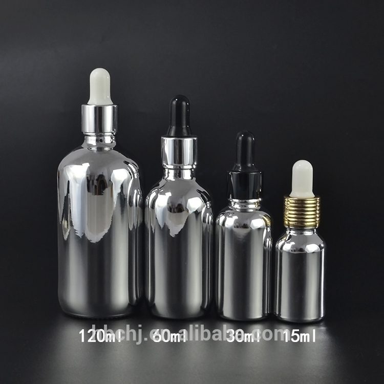 15ml 30ML 1oz 60ml 2oz Silver Chrome Coated Clear Euro glass Bottle With Silver Dropper