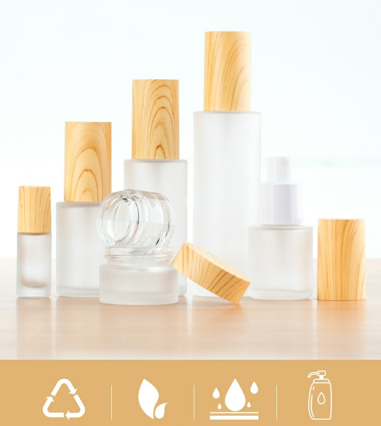 15ml 30ml 100ml clear clear frosted cosmetic packing glass lotion bottle with bamboo cap