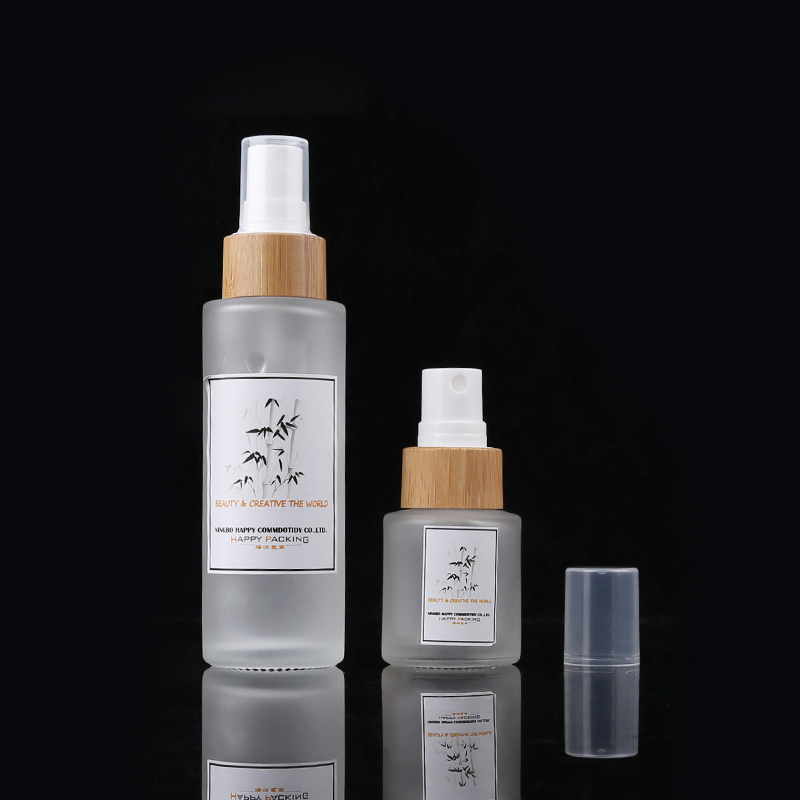 15ml 30ml 50ml 100ml 120ml 150ml bamboo spray and pump frosted glass bottle
